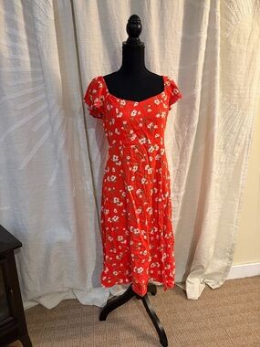 Old Navy Red Floral Midi Dress with Square Neck and Flutter Sleeves